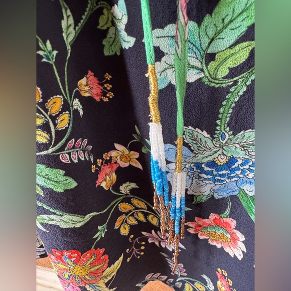 Johnny Was Black Green Orange Floral Print Peasant Top Seed Bead Tassels Size M - Picture 4 of 7